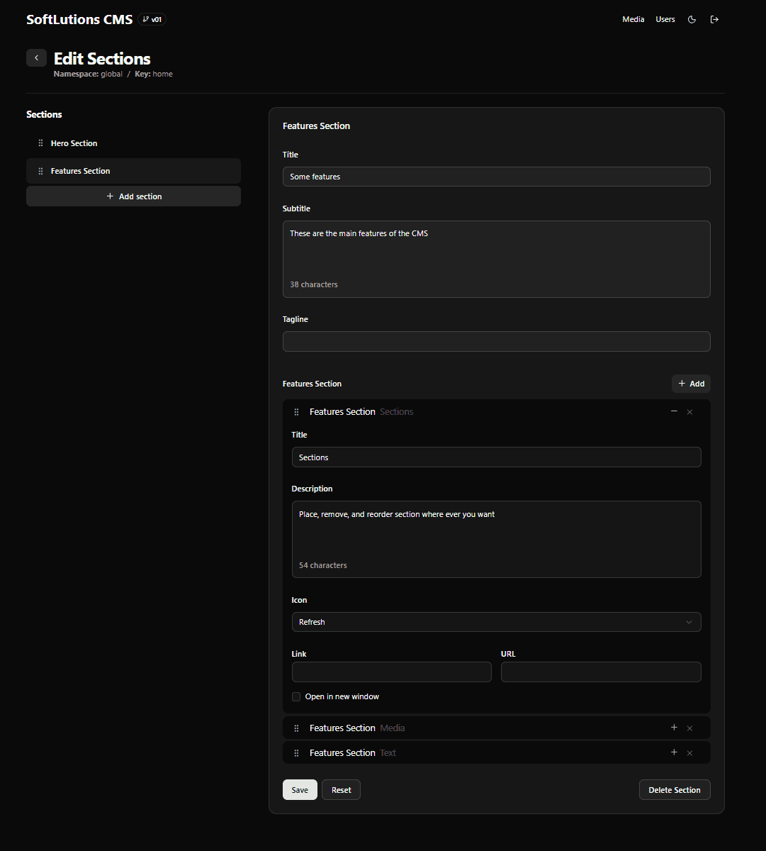 CMS editor - editing the features section
