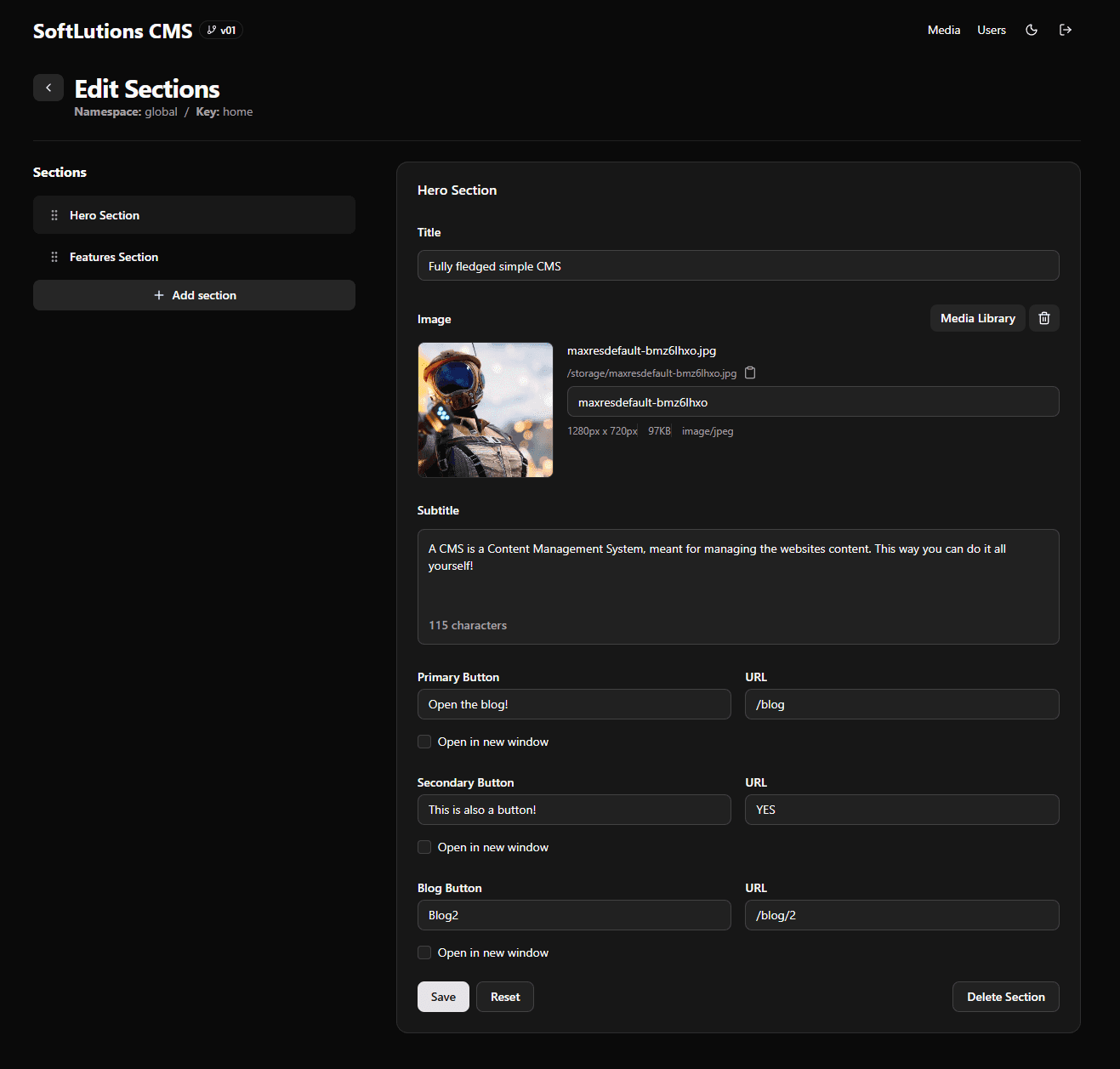 CMS editor - editing the hero section